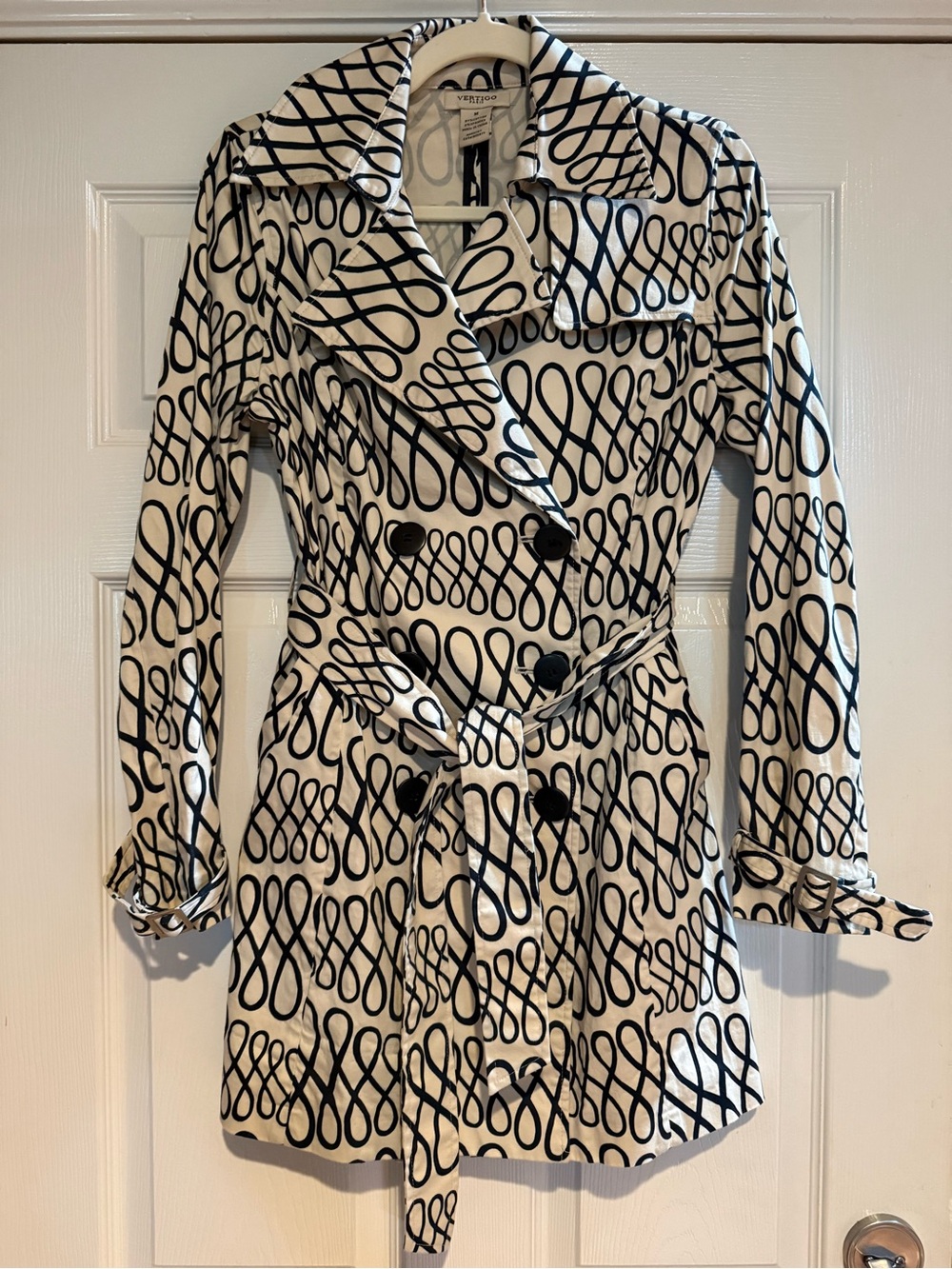 Vertigo Paris Trench Coat M Ivory Black Abstract Print Belted Jacket